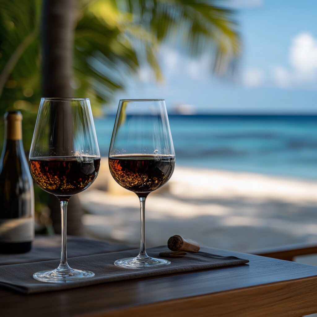 premium wine glasses on a table in front of the sea