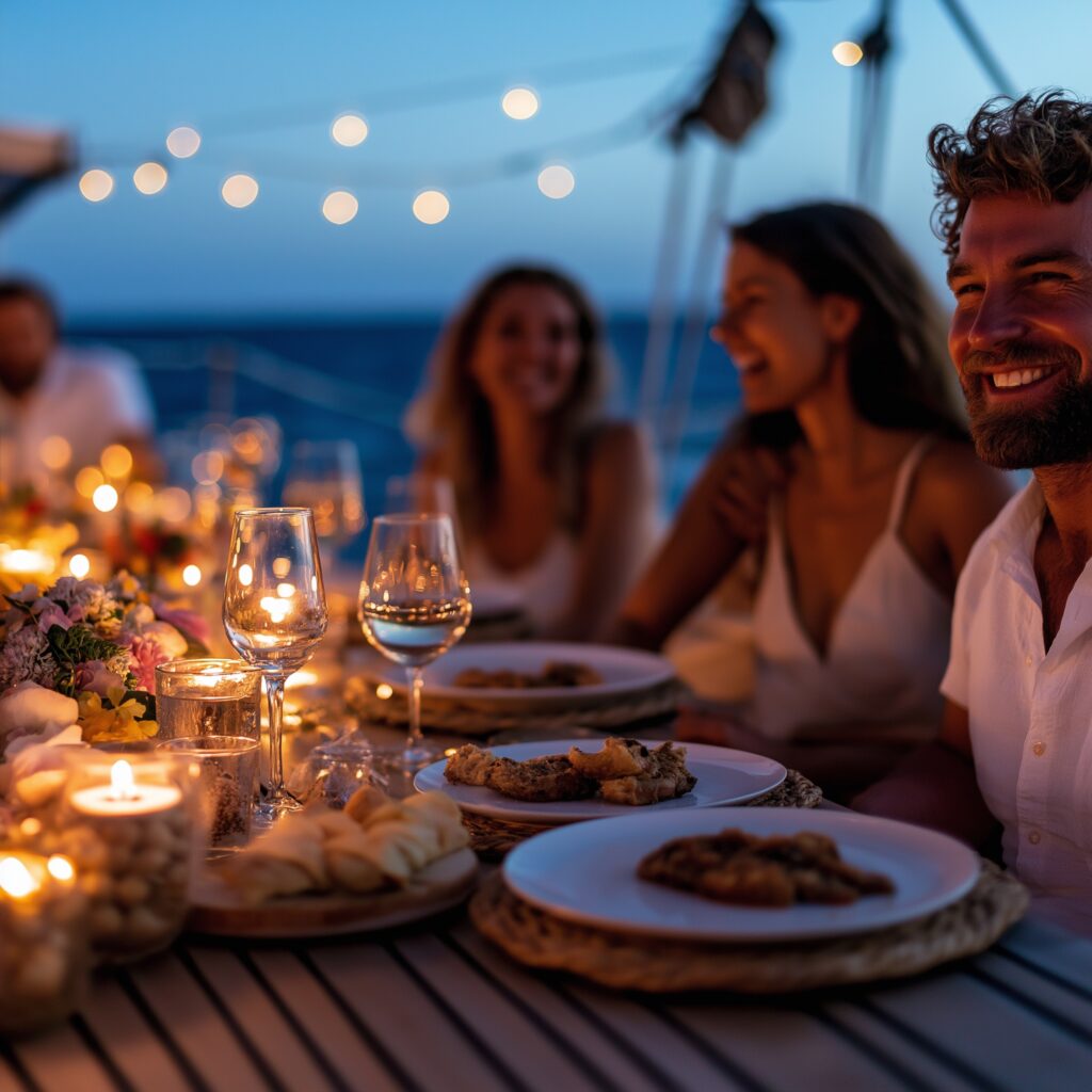 6 friends enjoying the dinner. They are smiling and chatting. A cozy and elegant outdoor dinner setup on a sailboat deck anchored on a bay, beautifully arranged table with melamine plates, stainless steel cutlery, and wine glasses, soft warm lights, minimal floral decoration, Mediterranean sea in the background, lifestyle photography, high detail.