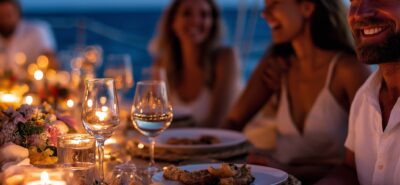 6 friends enjoying the dinner. They are smiling and chatting. A cozy and elegant outdoor dinner setup on a sailboat deck anchored on a bay, beautifully arranged table with melamine plates, stainless steel cutlery, and wine glasses, soft warm lights, minimal floral decoration, Mediterranean sea in the background, lifestyle photography, high detail.