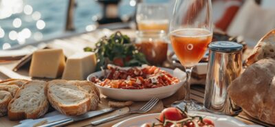 A cozy and stylish brunch setup on a sailboat deck