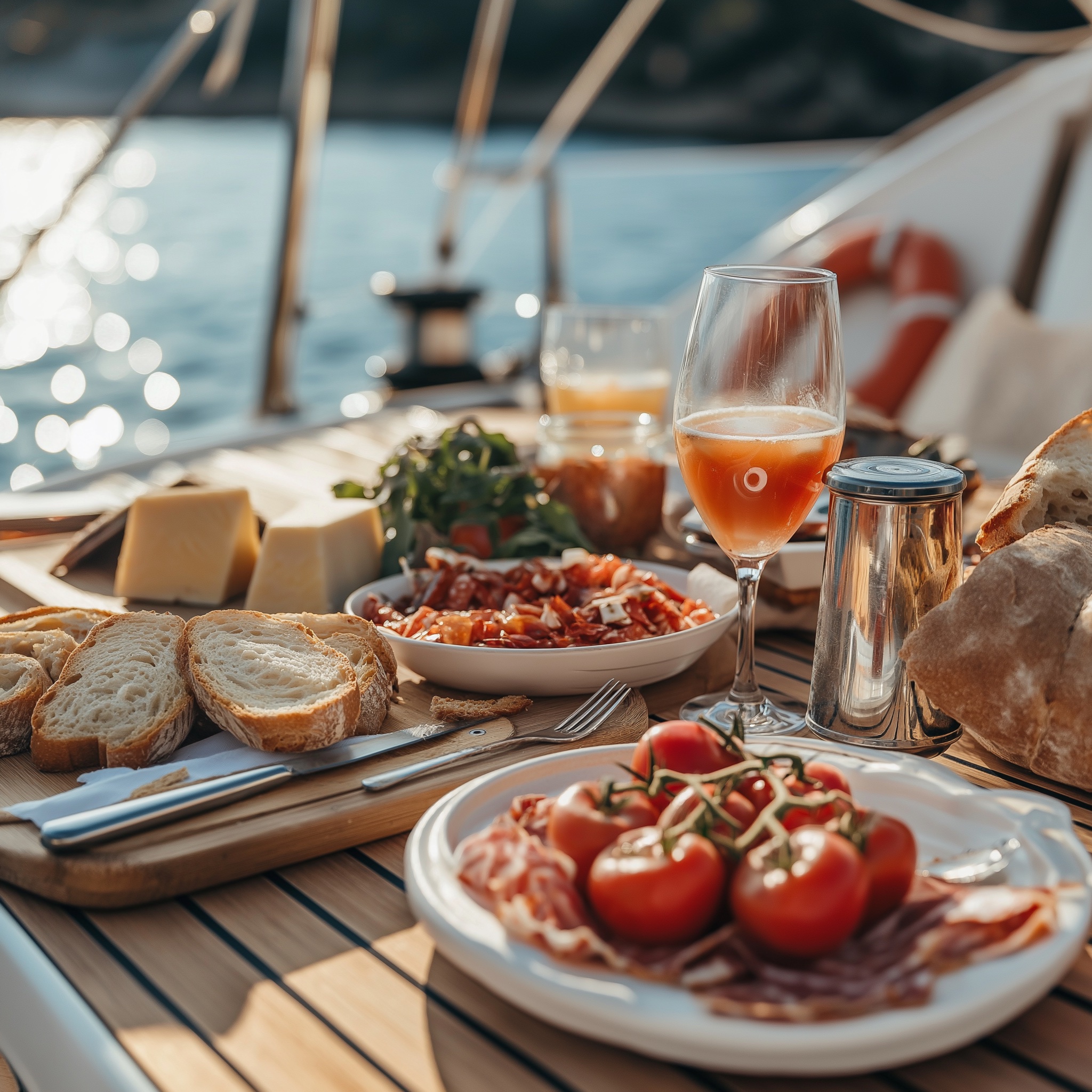 A cozy and stylish brunch setup on a sailboat deck
